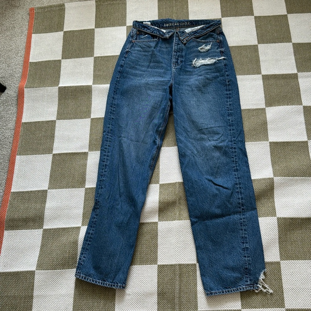 American eagle distressed jeans with fold over waistband 10
